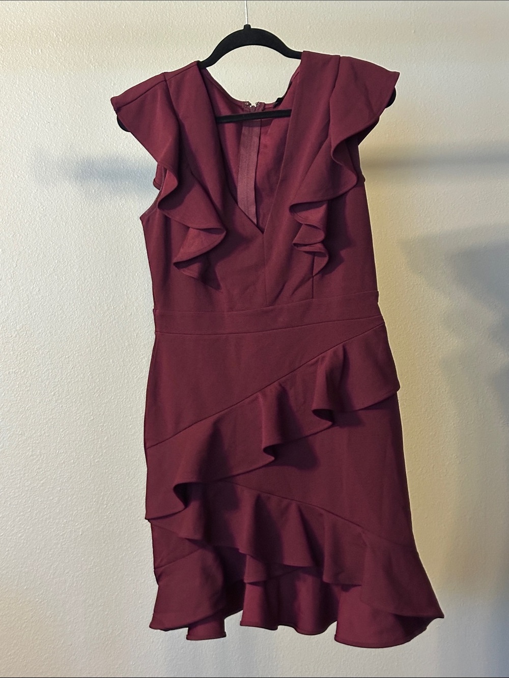 Symphony Burgundy Ruffle-Trim V-Neck Midi Dress